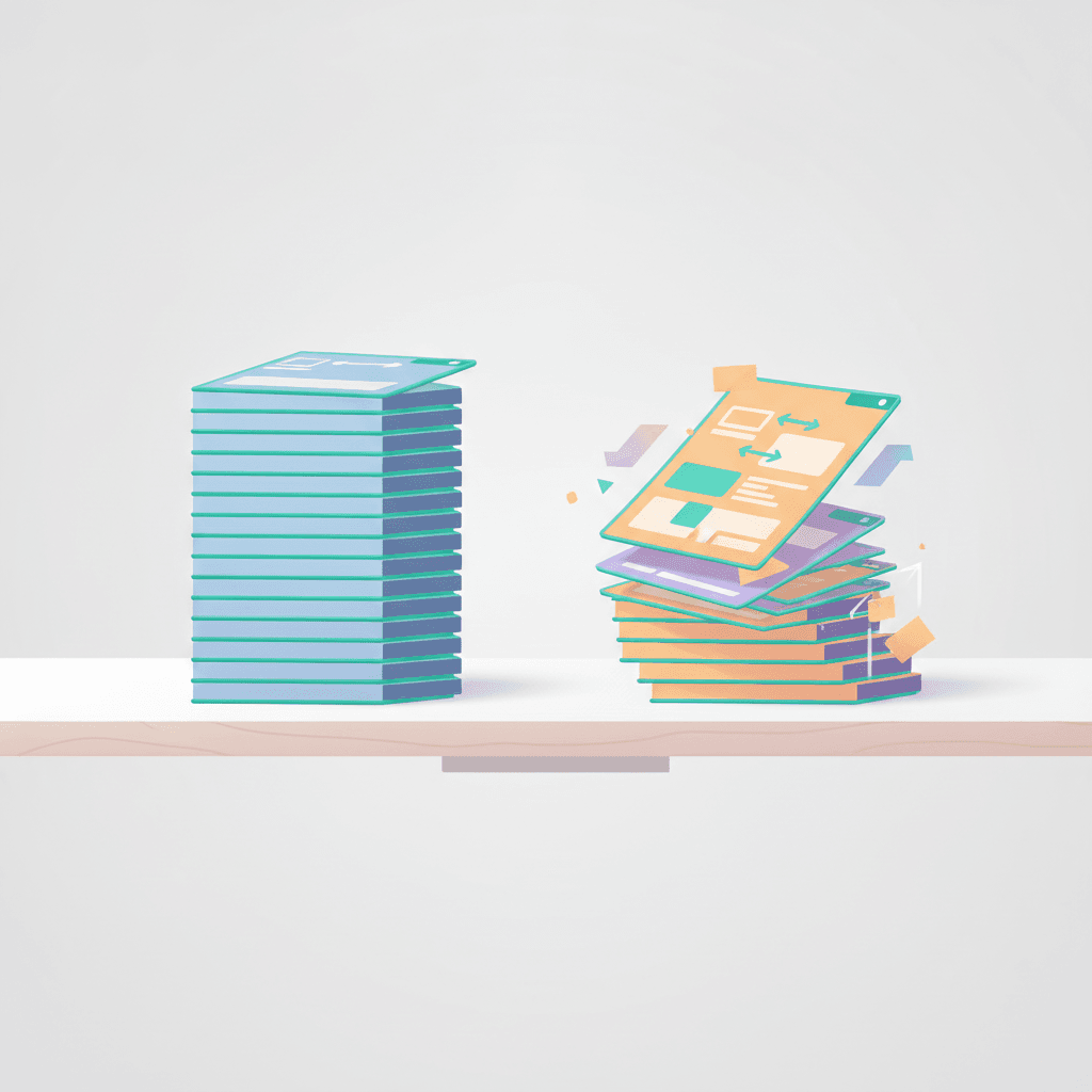 Two distinct document stacks symbolizing the difference between PDF and Word formats.