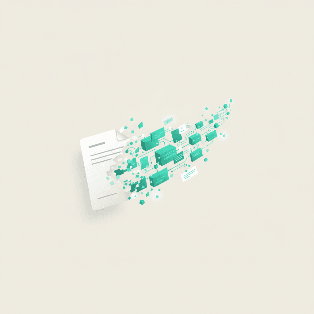 Digital transformation of a document, illustrating optical character recognition (OCR) extracting searchable text.
