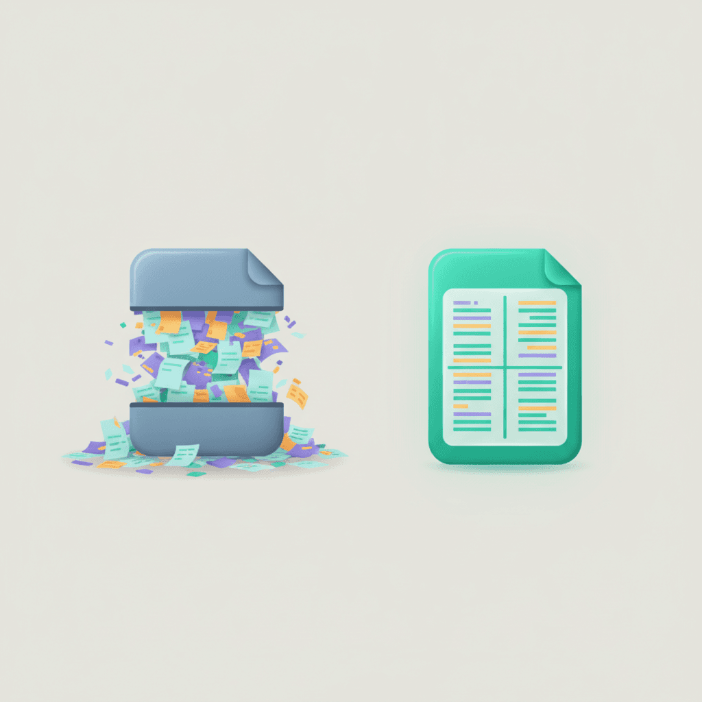 Messy, overflowing digital files transforming into a compact, organized icon, illustrating file compression.
