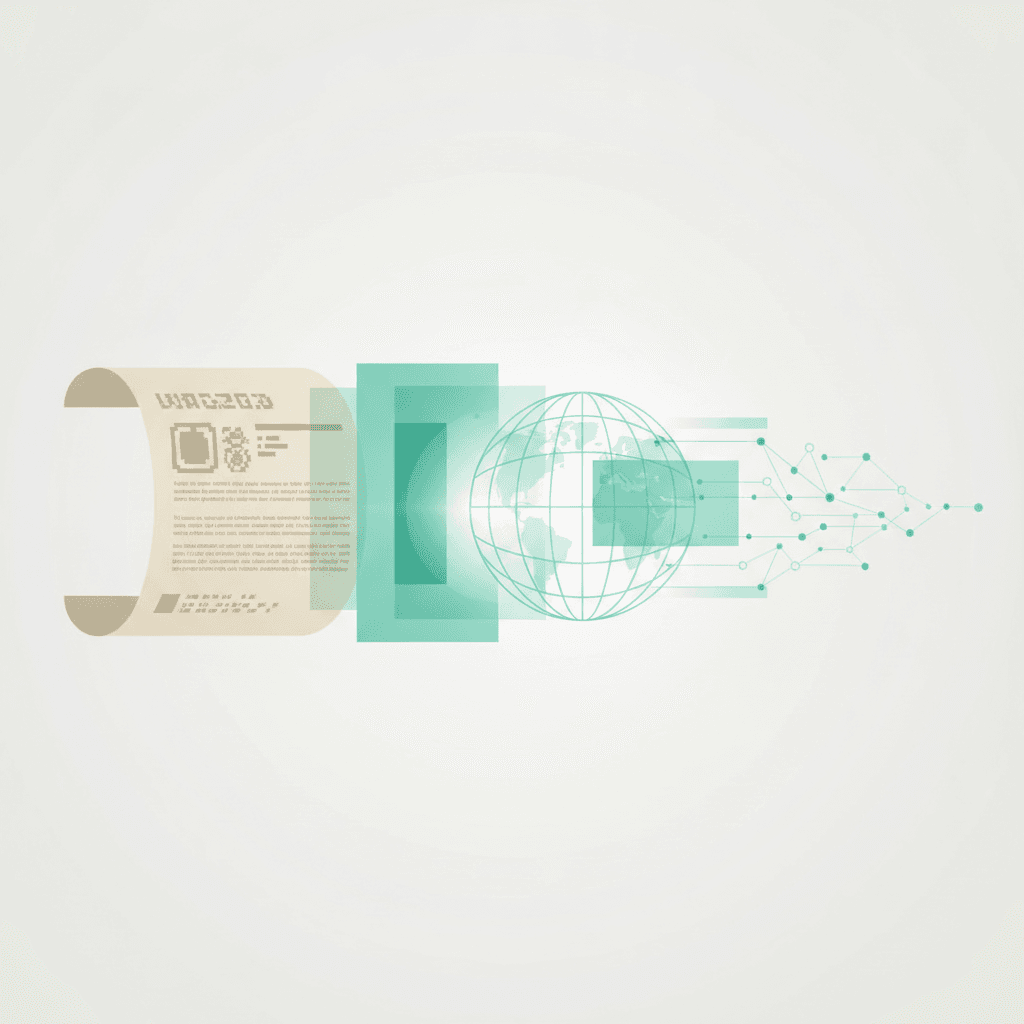 Illustration showing the history of PDF, from an early digital document transforming into a globally recognized format.